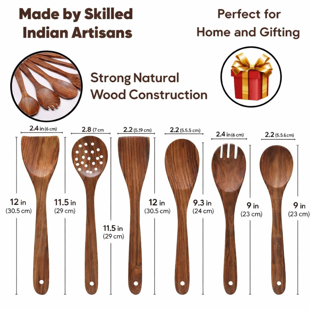 Gravon Premium Sheesham Wood Kitchen Utensil Set – 6 Pcs Wooden Spatula, Spoon & Turner Set
