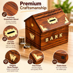 Premium Sheesham Wood Money Bank with Key Lock | Wooden Coin Bank for Kids & Adults