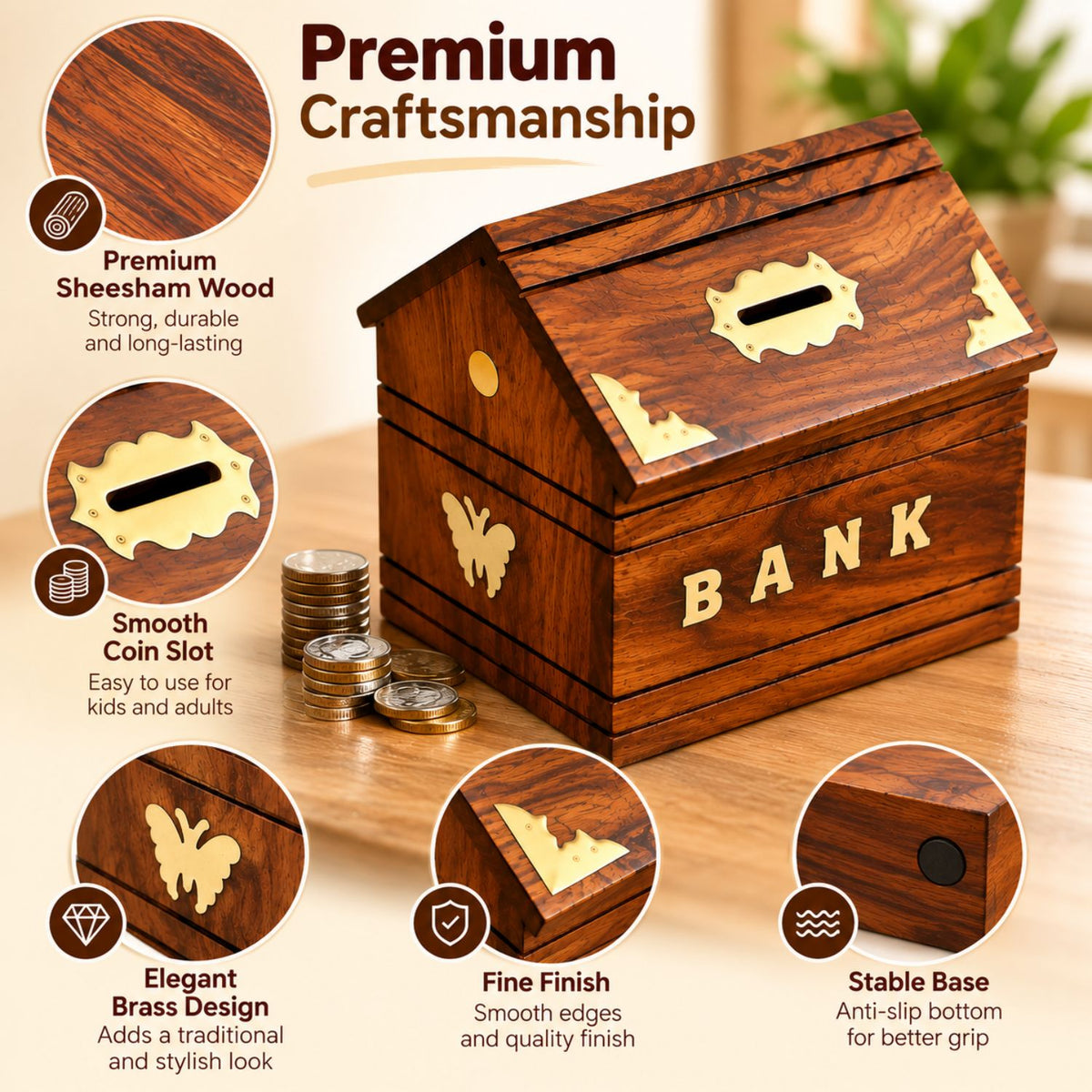 Premium Sheesham Wood Money Bank with Key Lock | Wooden Coin Bank for Kids & Adults