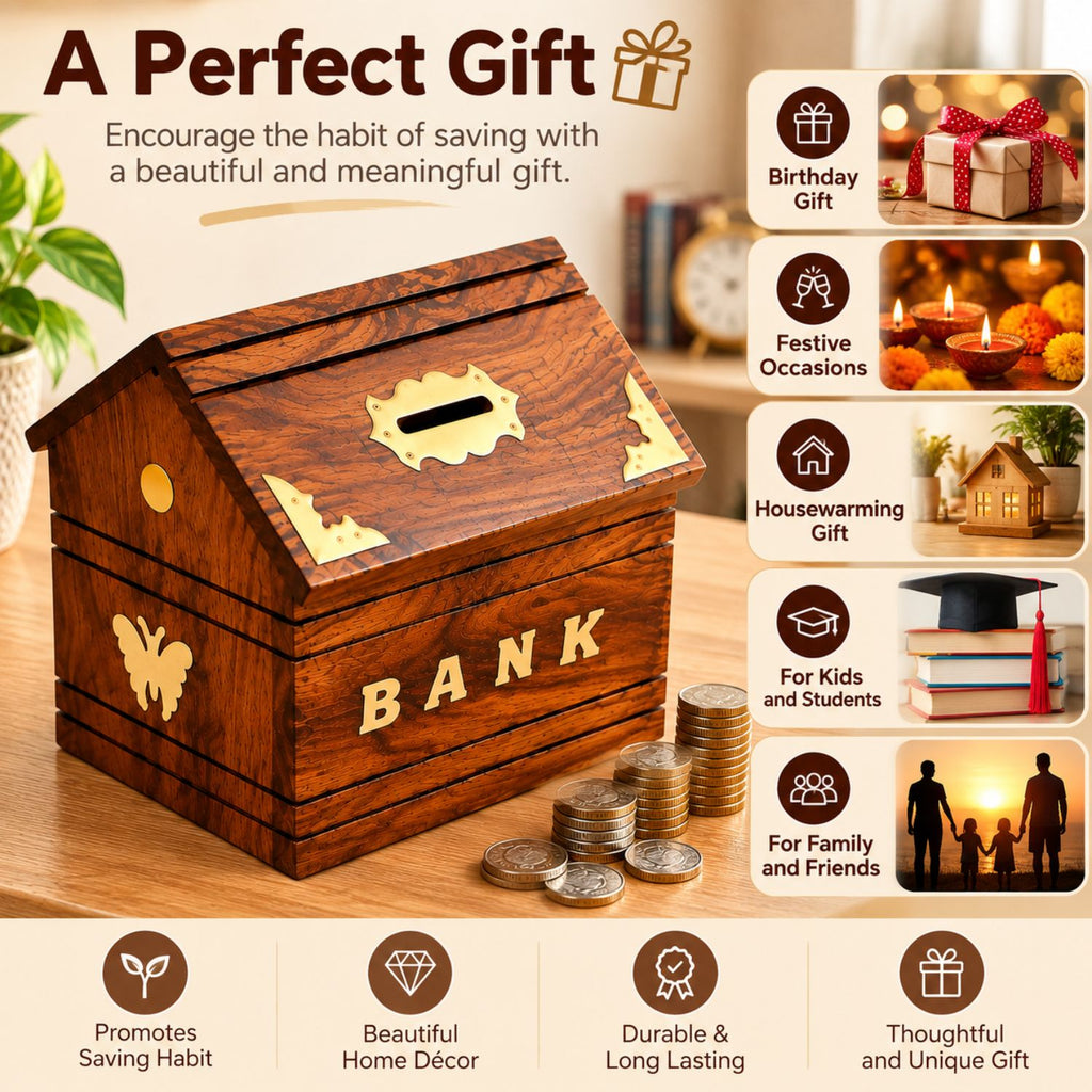 Premium Sheesham Wood Money Bank with Key Lock | Wooden Coin Bank for Kids & Adults
