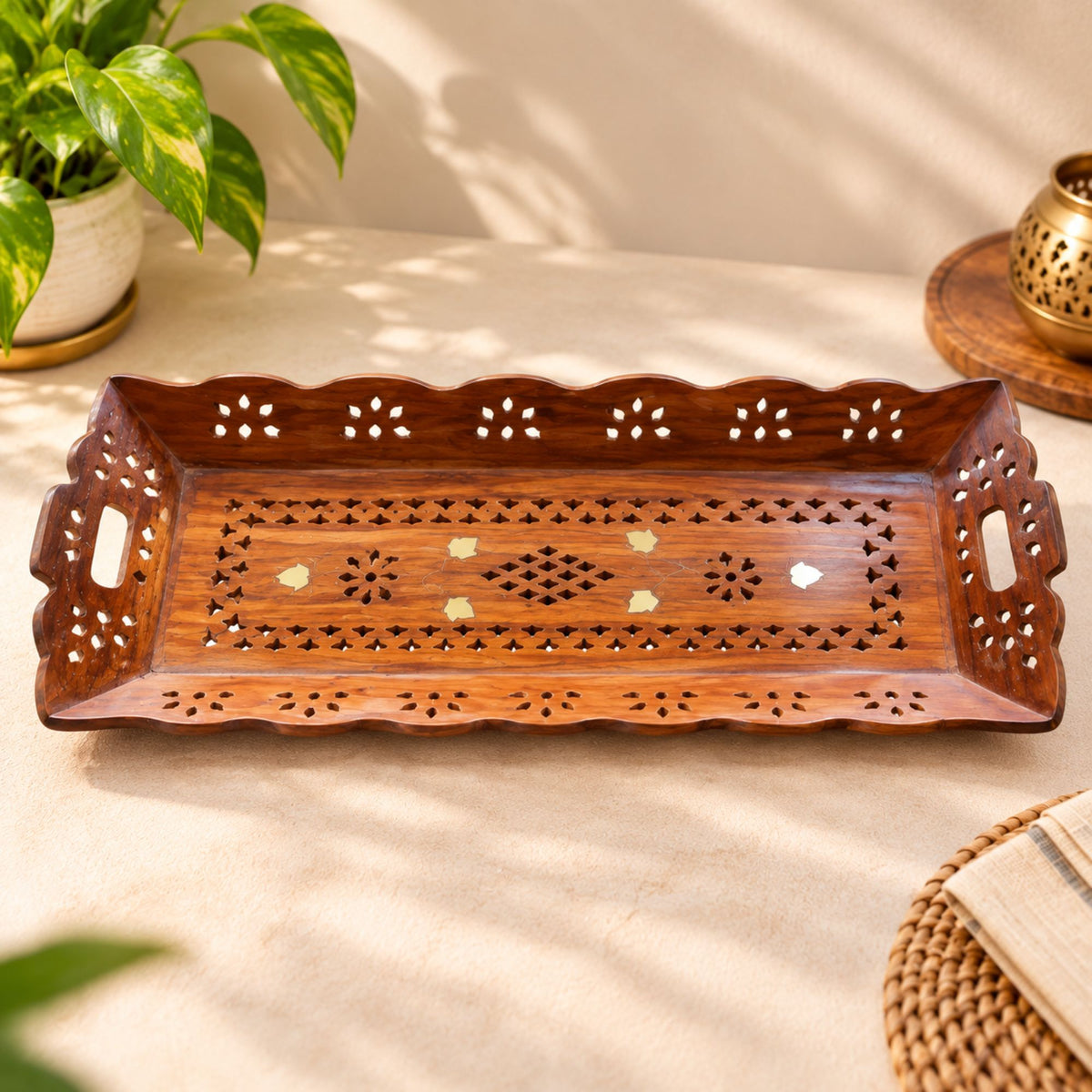 Gravon Sheesham Wood Serving Tray for Snacks, Fruits, Tea & Coffee