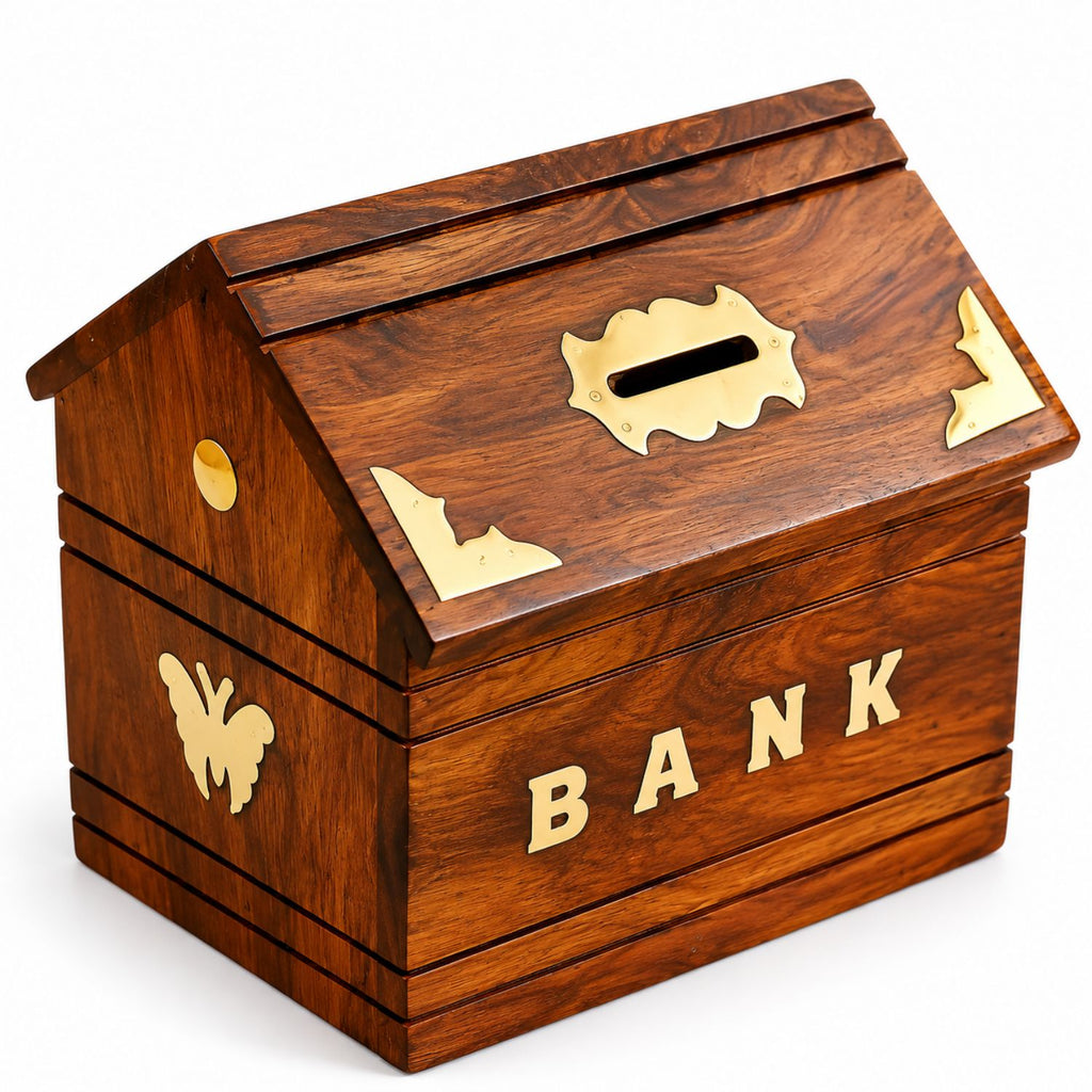 Premium Sheesham Wood Money Bank with Key Lock | Wooden Coin Bank for Kids & Adults