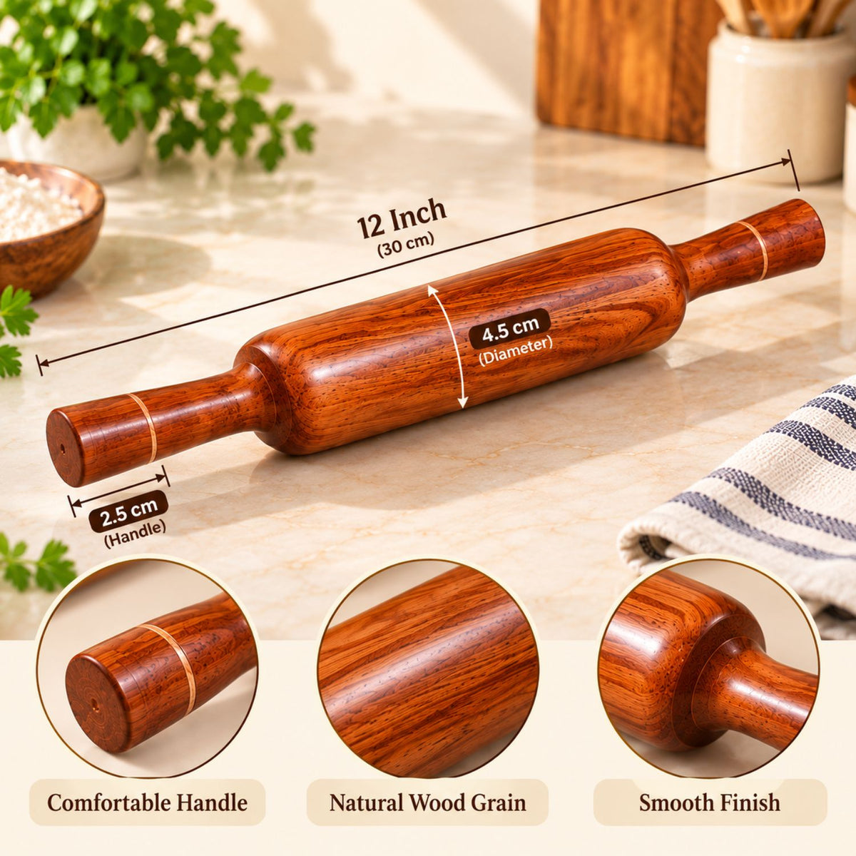 Gravon Premium Sheesham Wood Belan – 12 Inch Wooden Rolling Pin