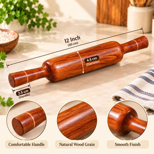 Gravon Premium Sheesham Wood Belan – 12 Inch Wooden Rolling Pin