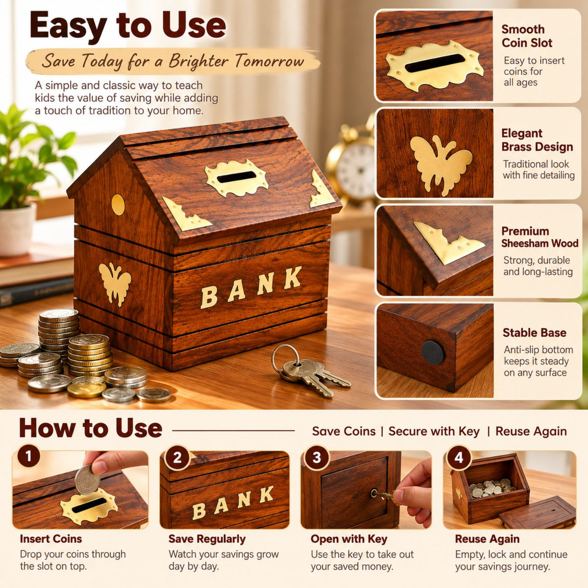 Premium Sheesham Wood Money Bank with Key Lock | Wooden Coin Bank for Kids & Adults