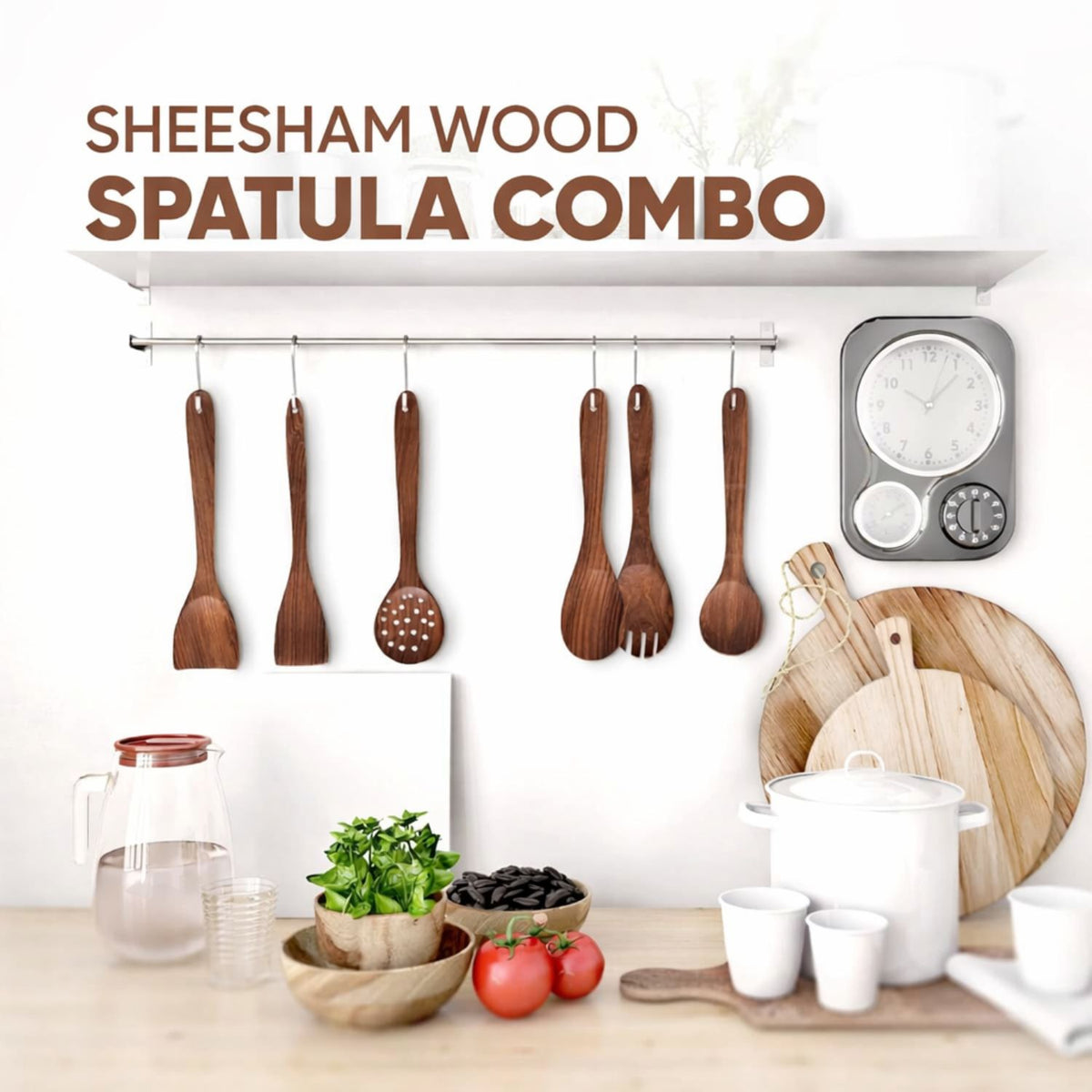 Gravon Premium Sheesham Wood Kitchen Utensil Set – 6 Pcs Wooden Spatula, Spoon & Turner Set