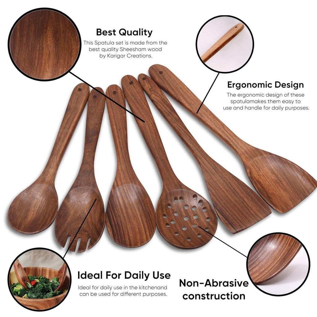 Gravon Premium Sheesham Wood Kitchen Utensil Set – 6 Pcs Wooden Spatula, Spoon & Turner Set