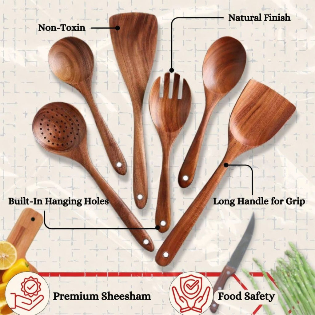 Gravon Premium Sheesham Wood Kitchen Utensil Set – 6 Pcs Wooden Spatula, Spoon & Turner Set