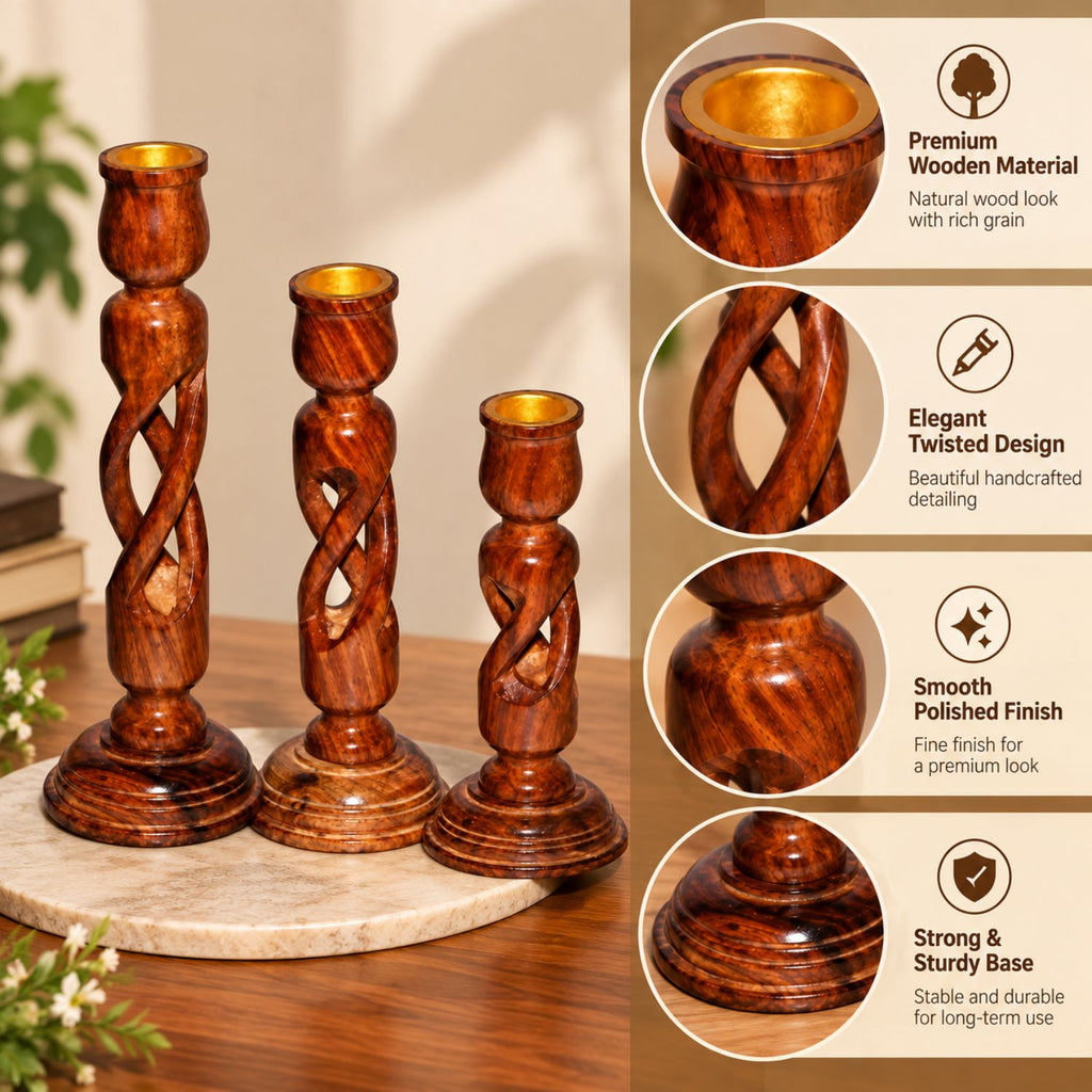 Premium Sheesham Wood Candle Holder Set of 3 | Decorative Wooden Candle Stand
