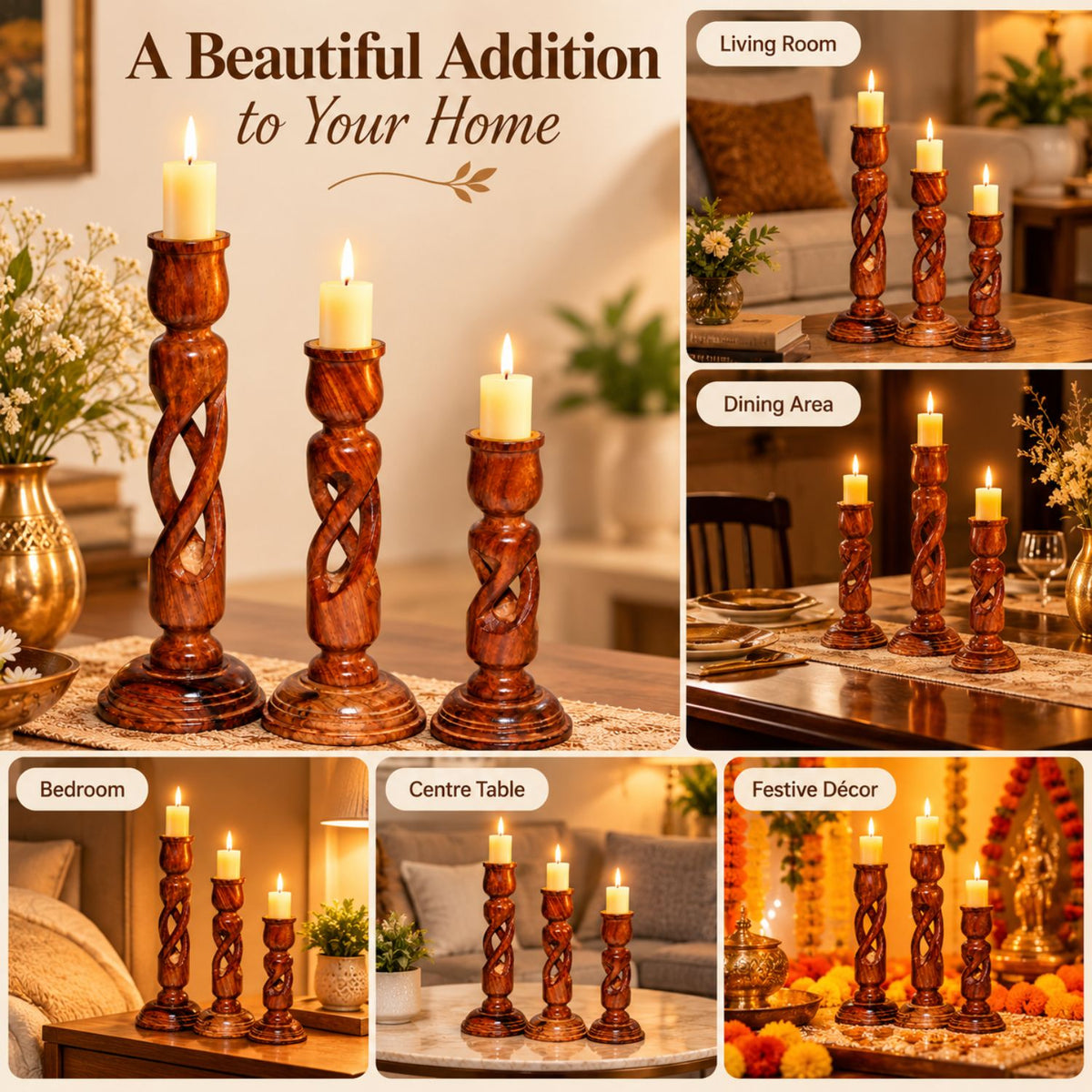Premium Sheesham Wood Candle Holder Set of 3 | Decorative Wooden Candle Stand