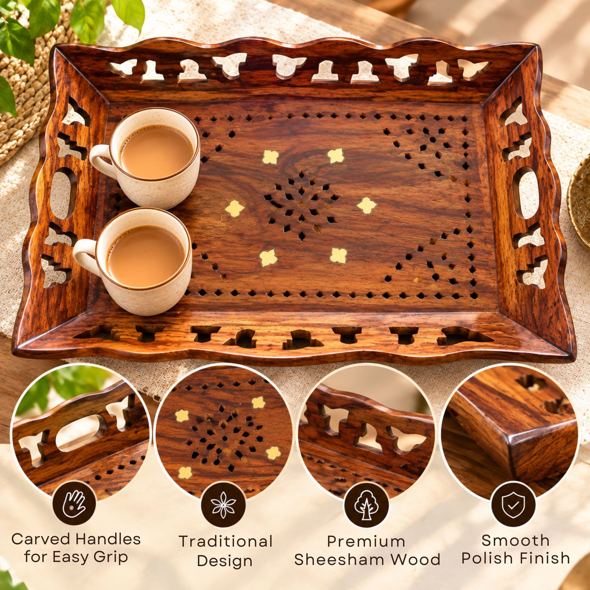 Gravon Sheesham Wood Serving Tray for Snacks, Fruits, Tea & Coffee