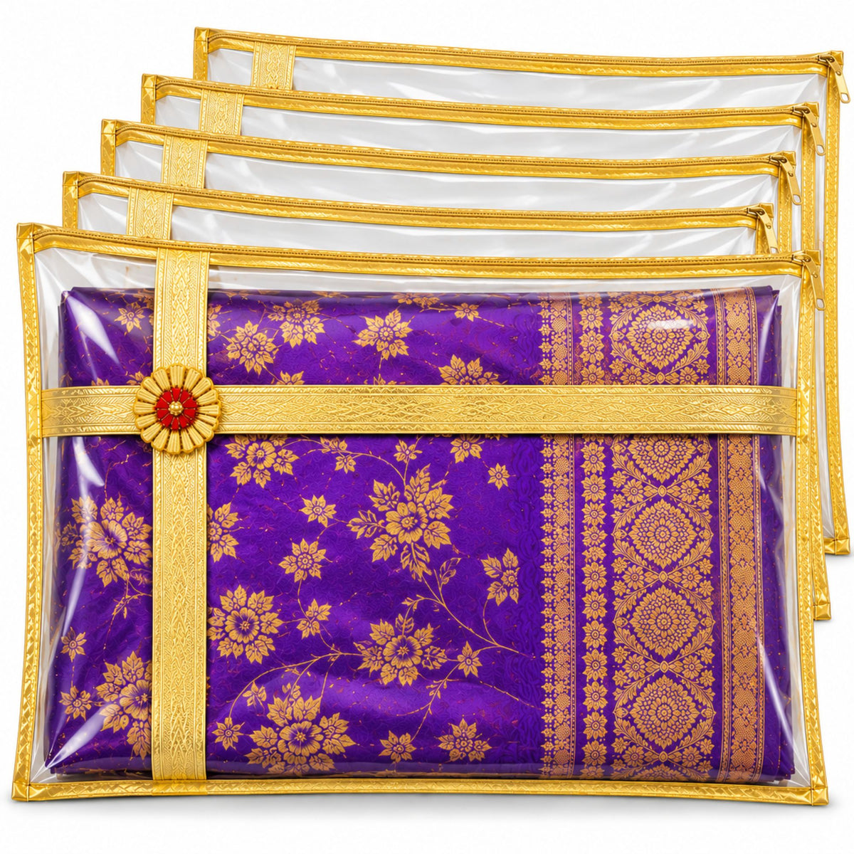 Gravon Premium PVC Saree Cover Pack of 10 with Gold Border – Transparent Saree Storage Bag