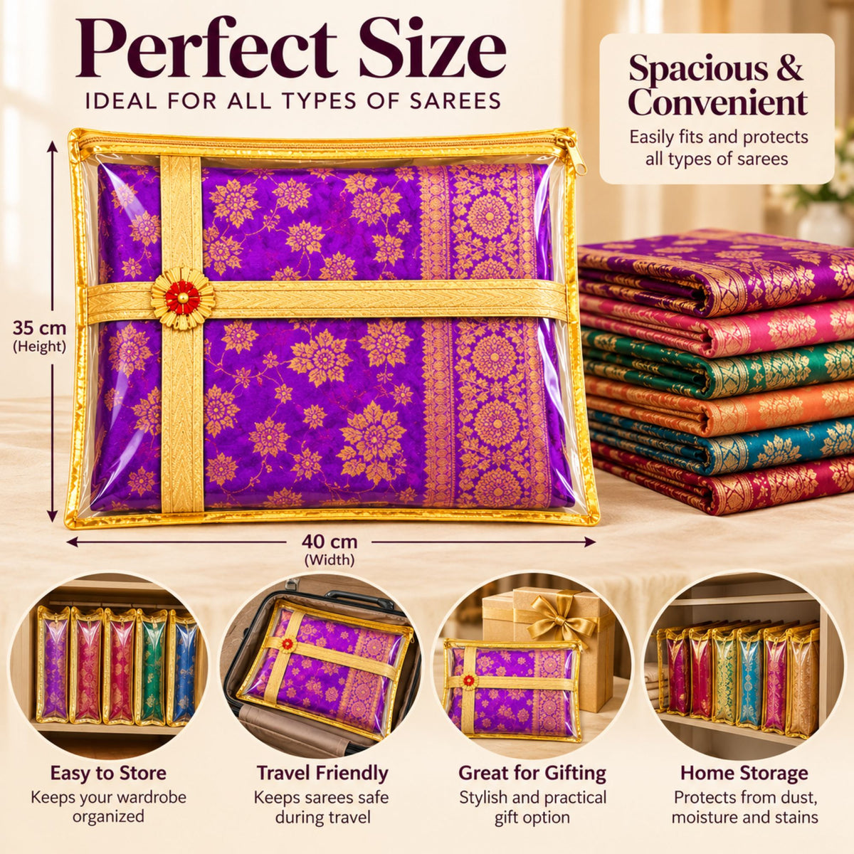 Gravon Premium PVC Saree Cover Pack of 10 with Gold Border – Transparent Saree Storage Bag