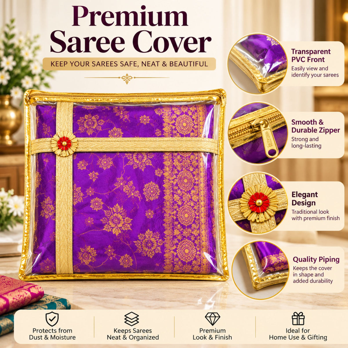Gravon Premium PVC Saree Cover Pack of 10 with Gold Border – Transparent Saree Storage Bag