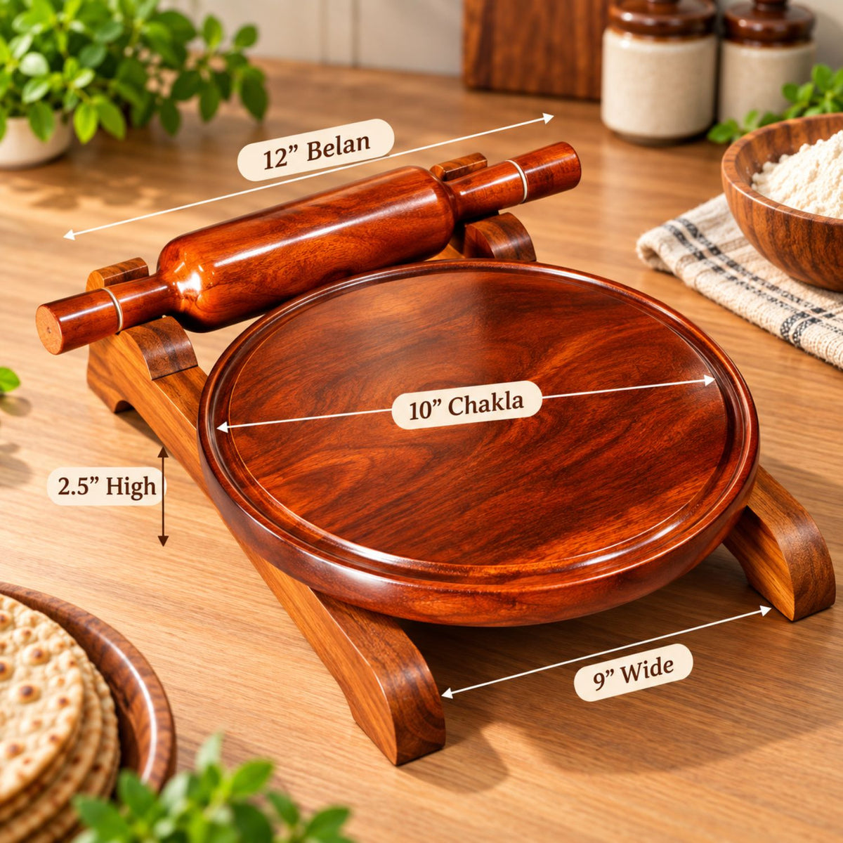 Premium Sheesham Wood Chakla Belan Set – 10 Inch Chakla & 12 Inch Belan with Fixed Stand