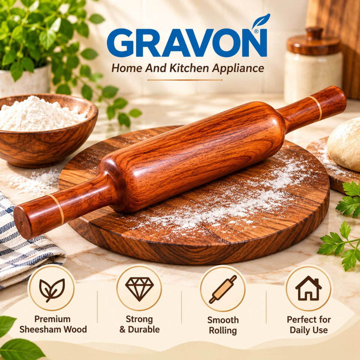 Gravon Premium Sheesham Wood Belan – 12 Inch Wooden Rolling Pin