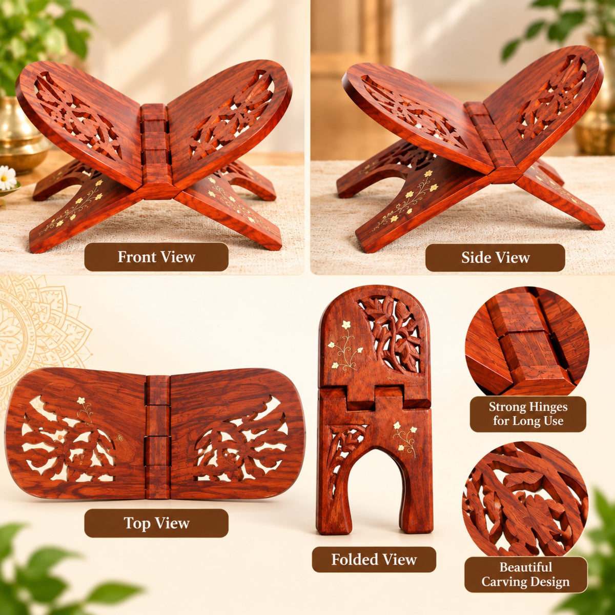 Gravon Handcrafted Sheesham Wood Folding Book Stand | Wooden Rehal for Quran, Gita, Bible & Religious Books