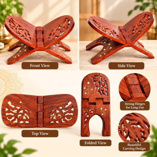 Gravon Handcrafted Sheesham Wood Folding Book Stand | Wooden Rehal for Quran, Gita, Bible & Religious Books