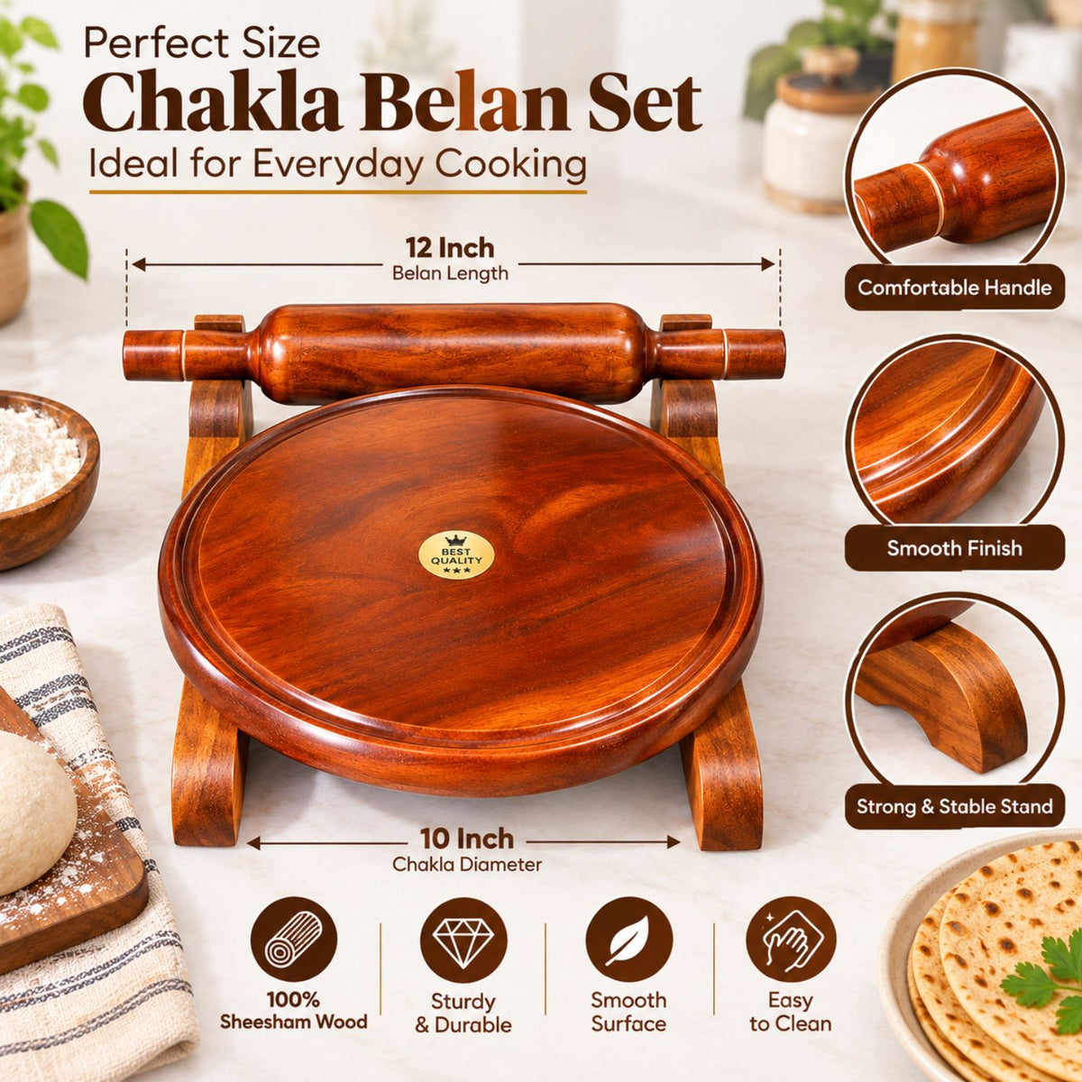 Premium Sheesham Wood Chakla Belan Set – 10 Inch Chakla & 12 Inch Belan with Fixed Stand