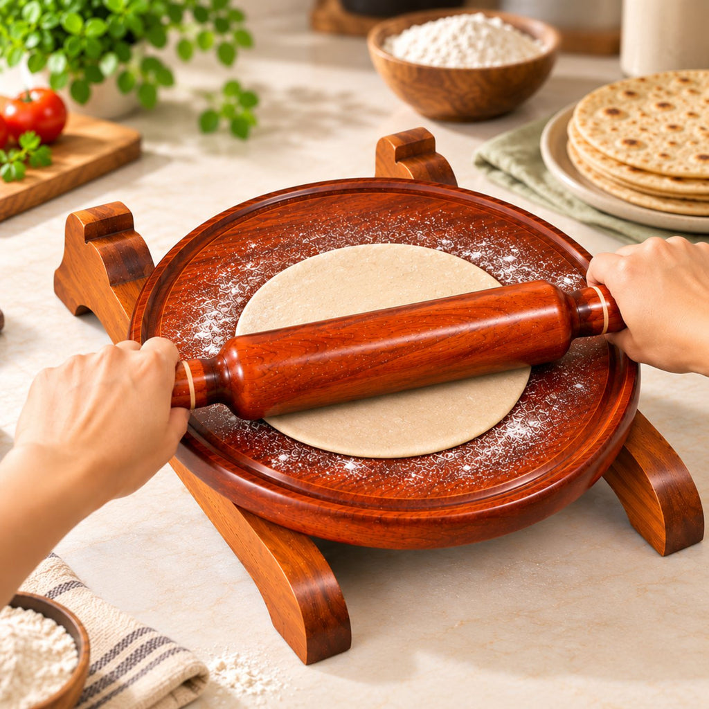 Premium Sheesham Wood Chakla Belan Set – 10 Inch Chakla & 12 Inch Belan with Fixed Stand