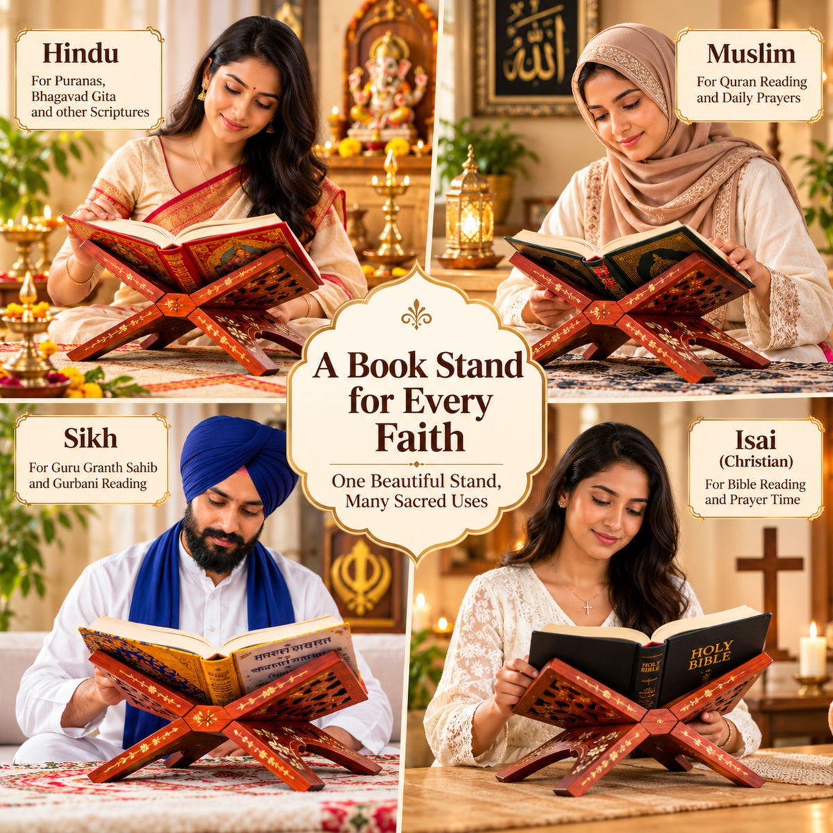 Gravon Handcrafted Sheesham Wood Folding Book Stand | Wooden Rehal for Quran, Gita, Bible & Religious Books