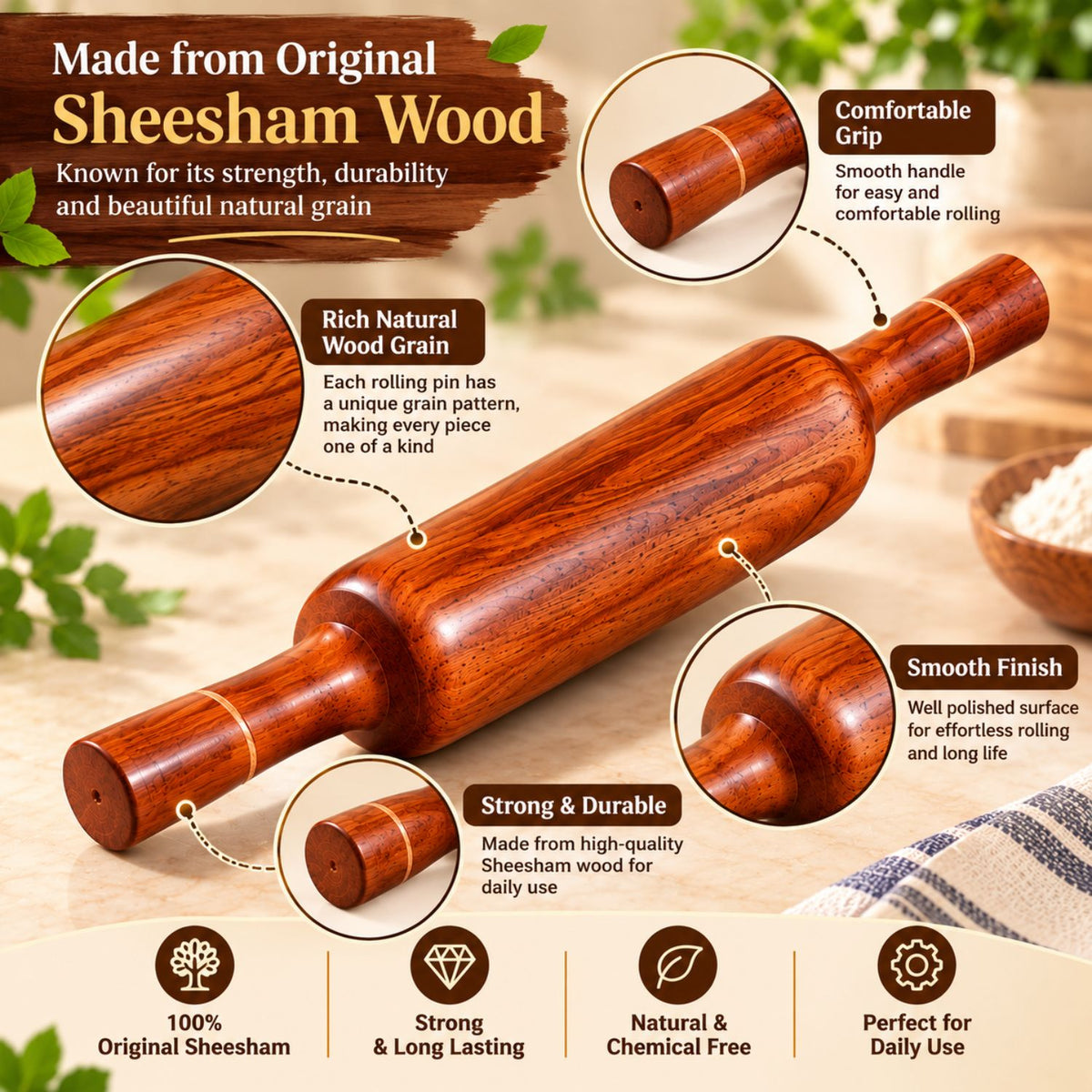 Gravon Premium Sheesham Wood Belan – 12 Inch Wooden Rolling Pin