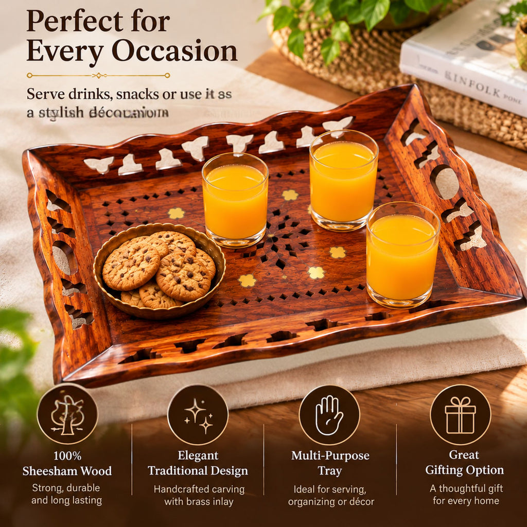 Gravon Sheesham Wood Serving Tray for Snacks, Fruits, Tea & Coffee