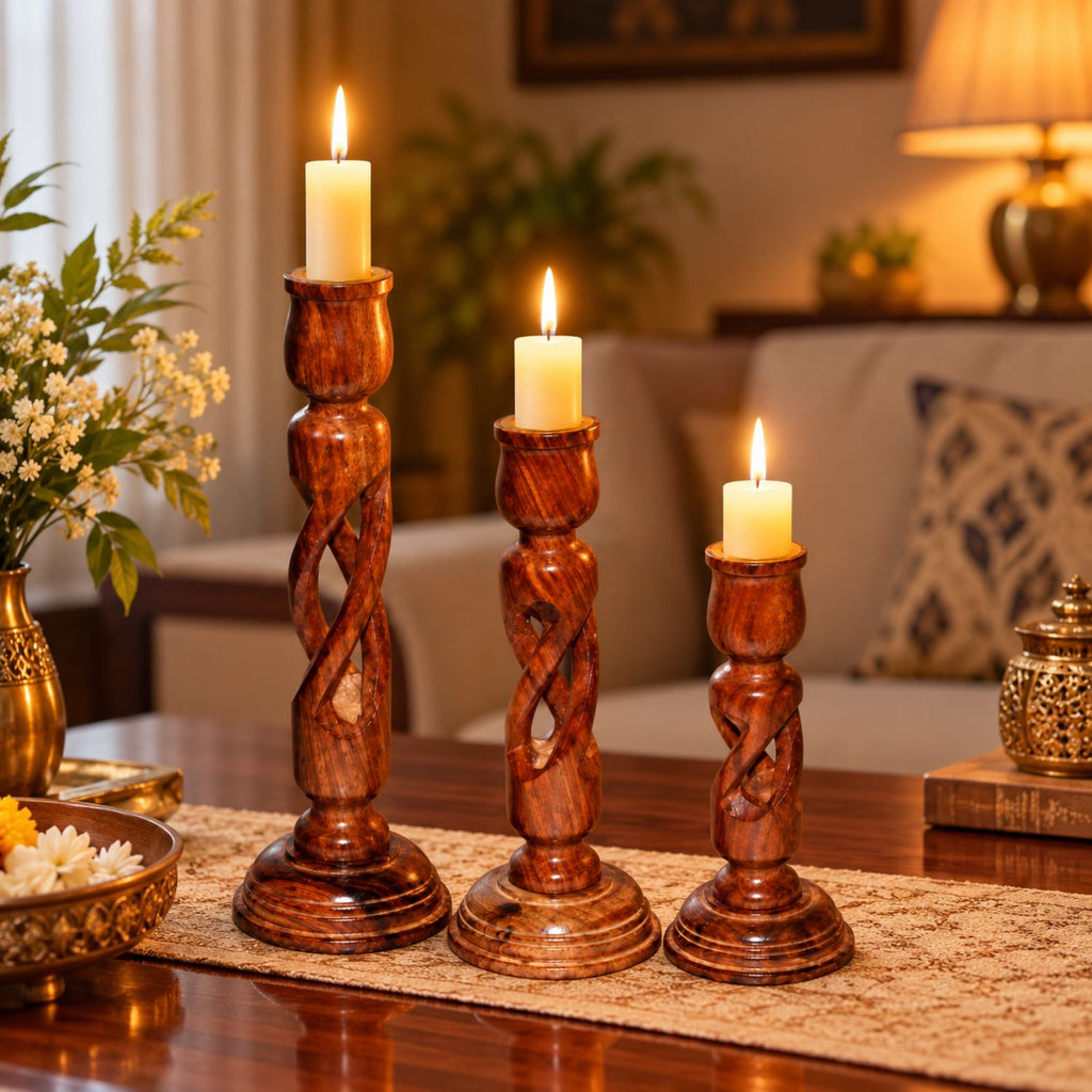 Premium Sheesham Wood Candle Holder Set of 3 | Decorative Wooden Candle Stand