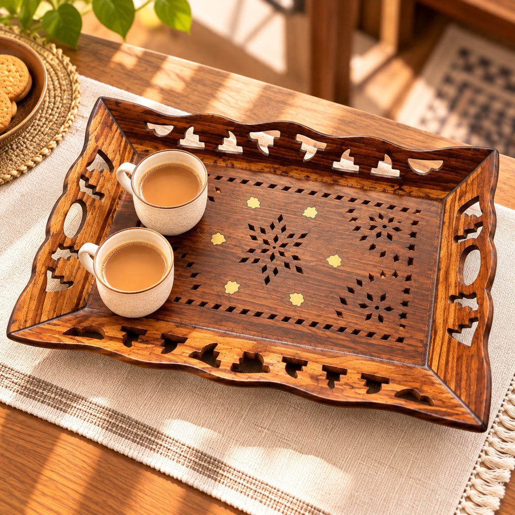 Gravon Sheesham Wood Serving Tray for Snacks, Fruits, Tea & Coffee