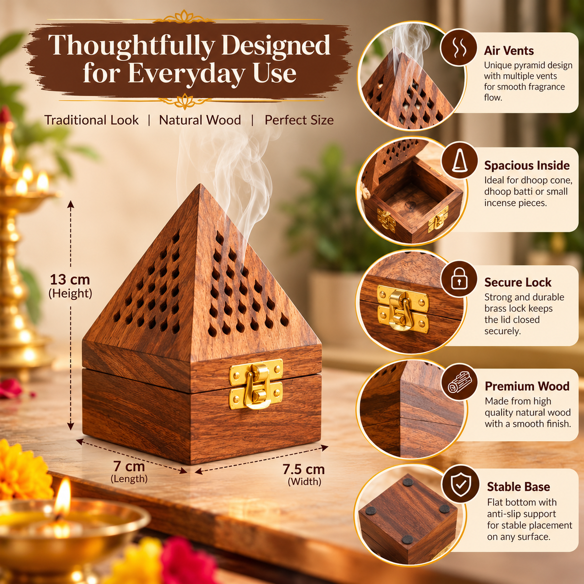 Gravon Wooden Dhoop Dani – Handcrafted Pyramid Incense Holder with Brass Lock