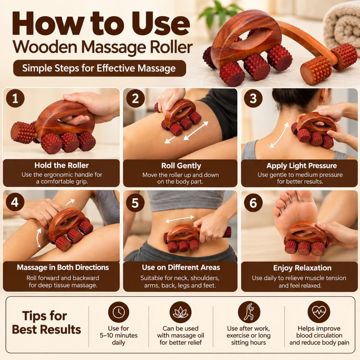 Wooden Body Massage Roller | Manual Full Body Massager for Back, Legs & Feet