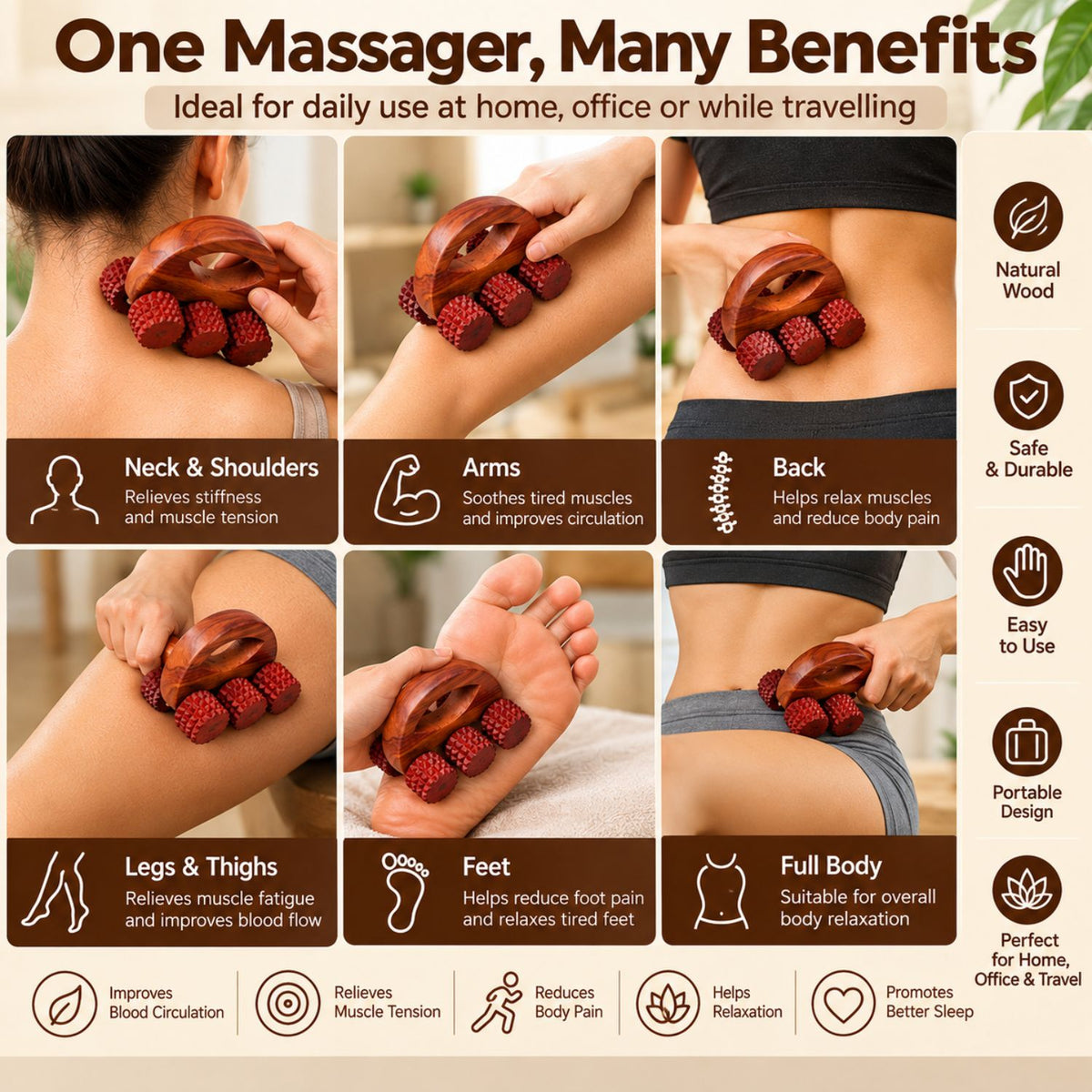 Wooden Body Massage Roller | Manual Full Body Massager for Back, Legs & Feet