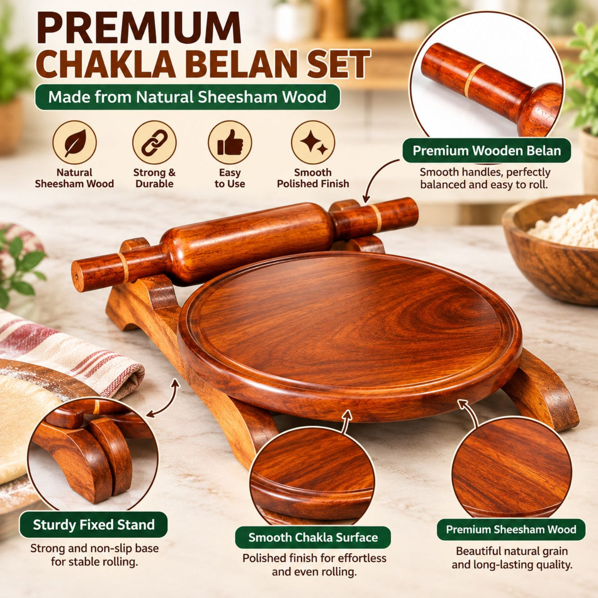 Premium Sheesham Wood Chakla Belan Set – 10 Inch Chakla & 12 Inch Belan with Fixed Stand