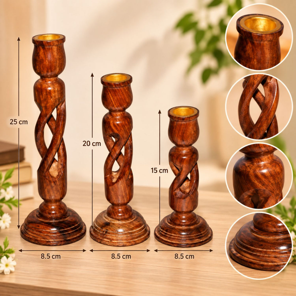 Premium Sheesham Wood Candle Holder Set of 3 | Decorative Wooden Candle Stand