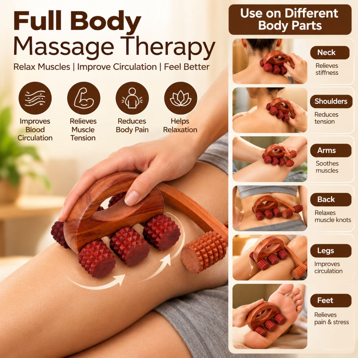 Wooden Body Massage Roller | Manual Full Body Massager for Back, Legs & Feet