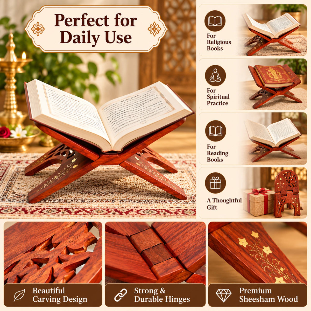 Gravon Handcrafted Sheesham Wood Folding Book Stand | Wooden Rehal for Quran, Gita, Bible & Religious Books