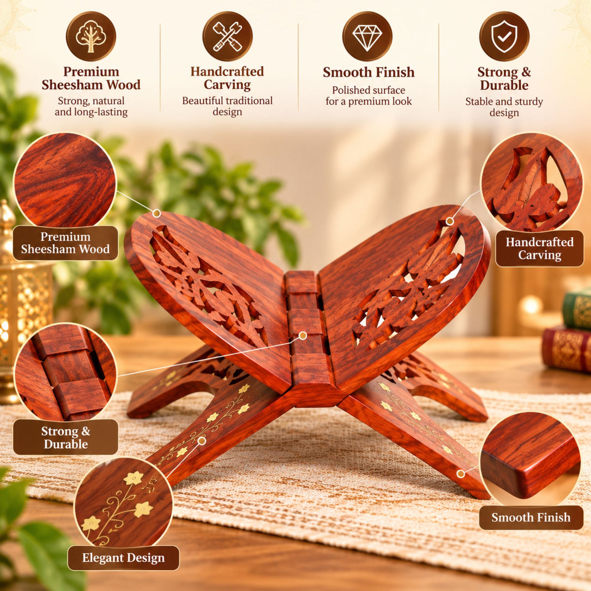Gravon Handcrafted Sheesham Wood Folding Book Stand | Wooden Rehal for Quran, Gita, Bible & Religious Books